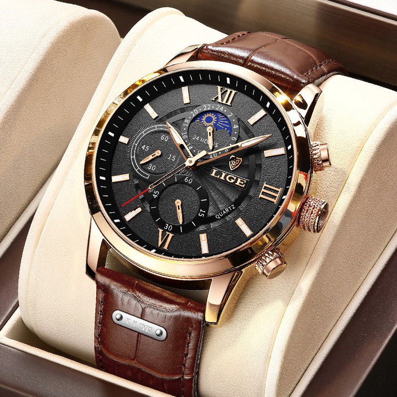 LANGSUNG ATC LIGE original jam tangan pria tali kulit anti air olahraga kronograf jam tangan