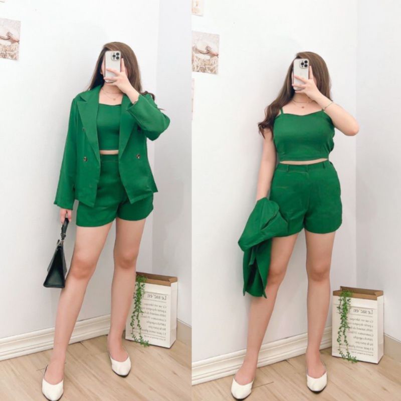 Setelan Blazer Wanita 1 Set  Terbaru 2023 Blezer Cardigand Blezeran Crop Kemeja 2022 Simple Atasan F