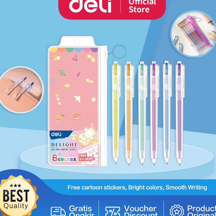 

WWBS0716 Deli School Gel Pen / Pulpen Gel 0.5 mm 6 Warna Retracable Gratis Sticker Lucu EG118-6C