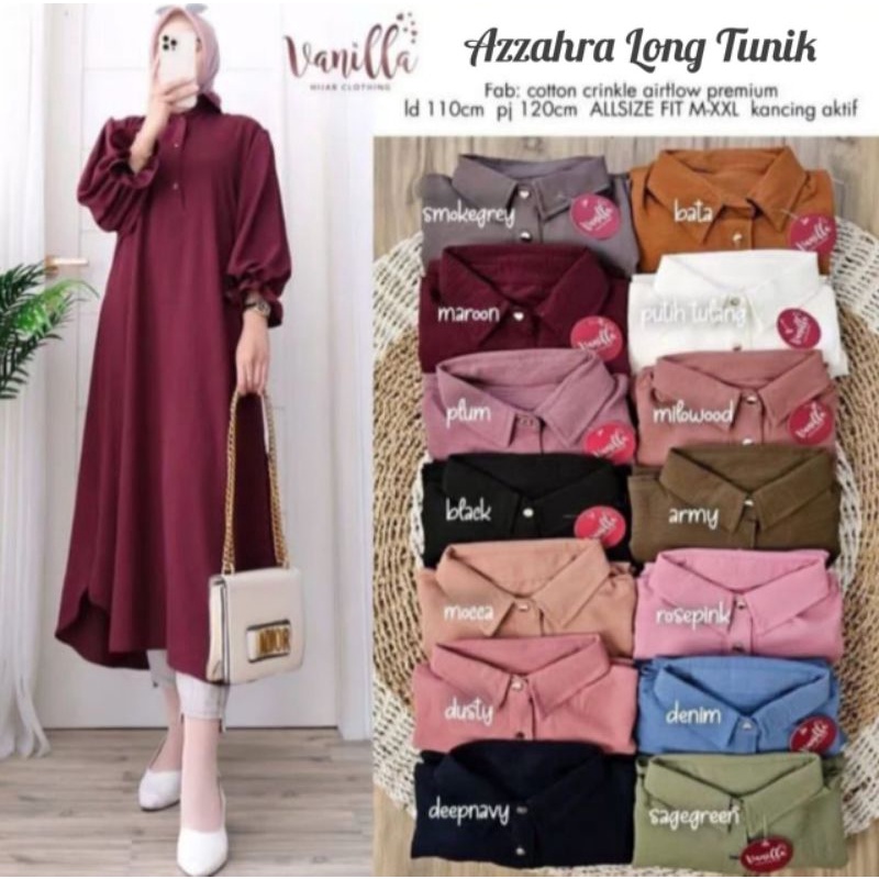 TUNIK TERBARU/ TUNIK KEKINIAN/ AZZAHRA LONG TUNIK WANITA CRINKLE AIRFLOW PREMIUM