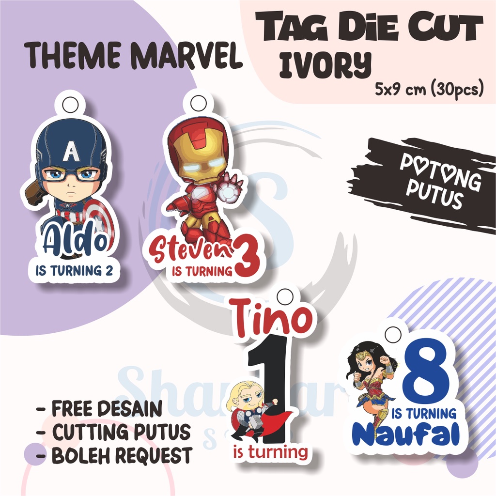 

(30pcs) Tag THEME MARVEL ( TAG ONLY ) TIDAK TERMASUK TALI / Tag Hampers Ulang Tahun Anak / Gantungan Custom / Cutting DIE cut / Hangtag Hologram