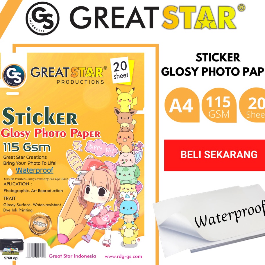 

LBJJ1410 READY STOK STICKER GLOSY PHOTO PAPER 115 GSM A4/20 LEMBAR ANTI AIR / WATERPROOF