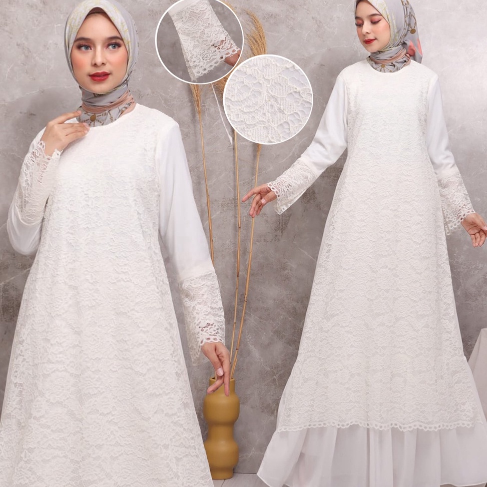Recomended.. KKUM OFFICIAL Gamis Putih Baju Lebaran Umroh Haji Busana Muslim Hijab Dress Brukat AGNE