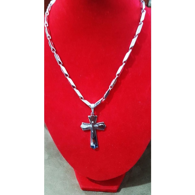 Kalung Balok Besi Putih Asli Ambon+Leontin Salib 3 Susun Putih