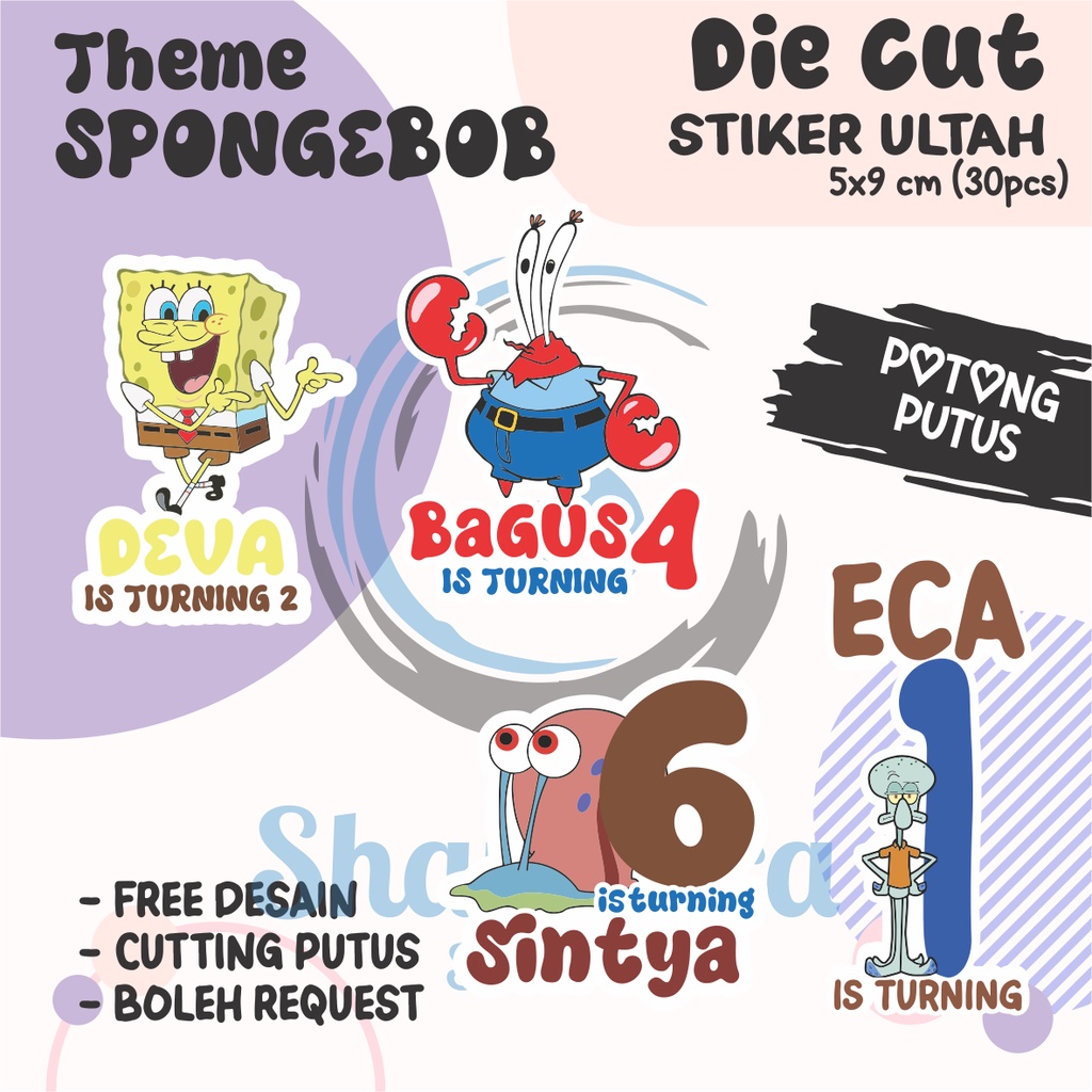 

( 30 PCS ) Stiker Ulang Tahun Anak THEME SPONGEBOB / Stiker Ulang Tahun DIE CUT / Stiker Ulang Tahun Custom / Stiker Ultah Waterproff