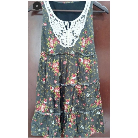 Dress Linen florals vintage grey abu Bohemian renda umpak
