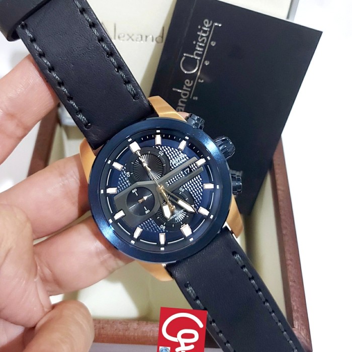 ✅Ori Alexandre Christie Ac6270 Ac 6270 Man Blue Rosegold Leather Strap Terbaru