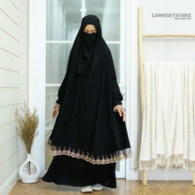 ( BISA COD ) Baju Syar'i Khadijah Set Khimar Bolong Tangan Renda Gold Cadar Tali