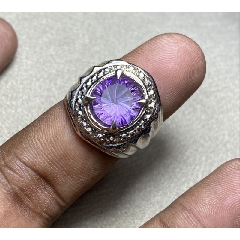 Cincin Natural Amethyst batu kecubung ungu custom cutting concave
