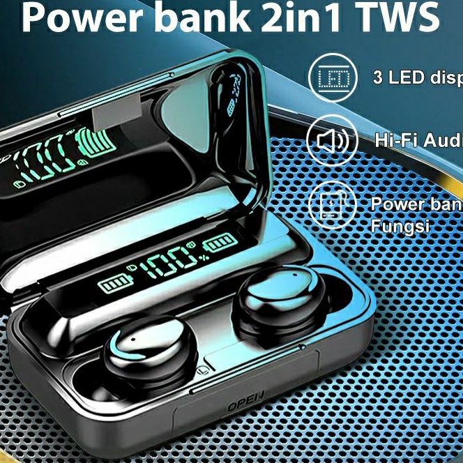 (H78-✔> F9-5 LED HEADSET BLUETOOTH WIRELESS TWS + POWER BANK 3500 MAH☎.