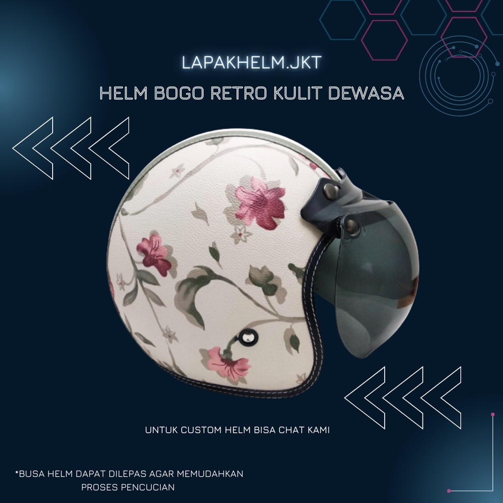 ORDER SEKARANG Helm Bogo Retro Kulit Dewasa Motif Bunga Krem Kaca Bubble Hallface Helmet