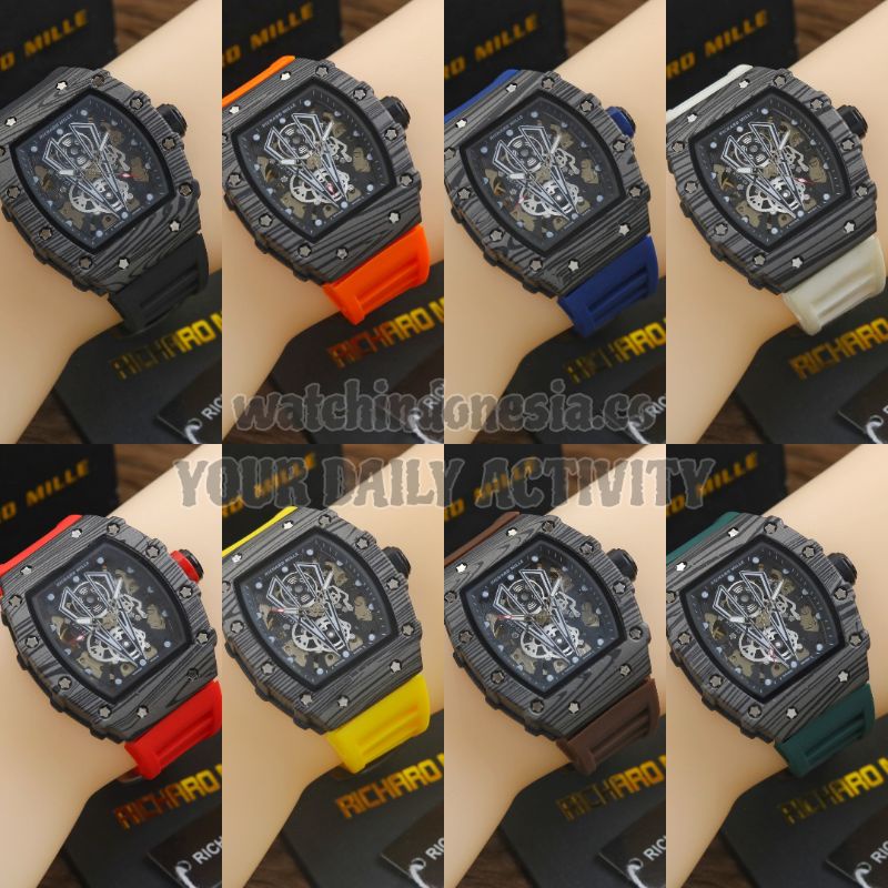 JAM TANGAN MEWAH PRIA/COWOK RM CASE CARBON OTOMATIS TALI RUBBER DIAMETER 46MM TAHAN AIR FULL SET BOX