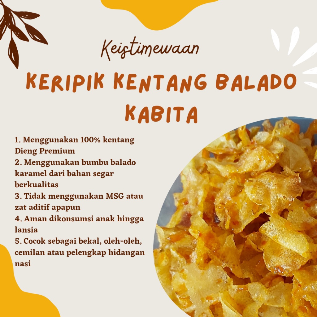 

Keripik Kentang Balado Pedas Manis Daun Jeruk 125G ( Thinwall ) Kripik Tanpa Msg Kabita Food