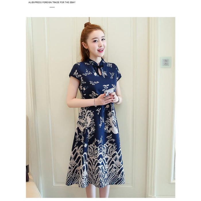 Early- Dark Blue Navy Oriental Dragon Cheongsam Party Long Dress Gaun Pesta