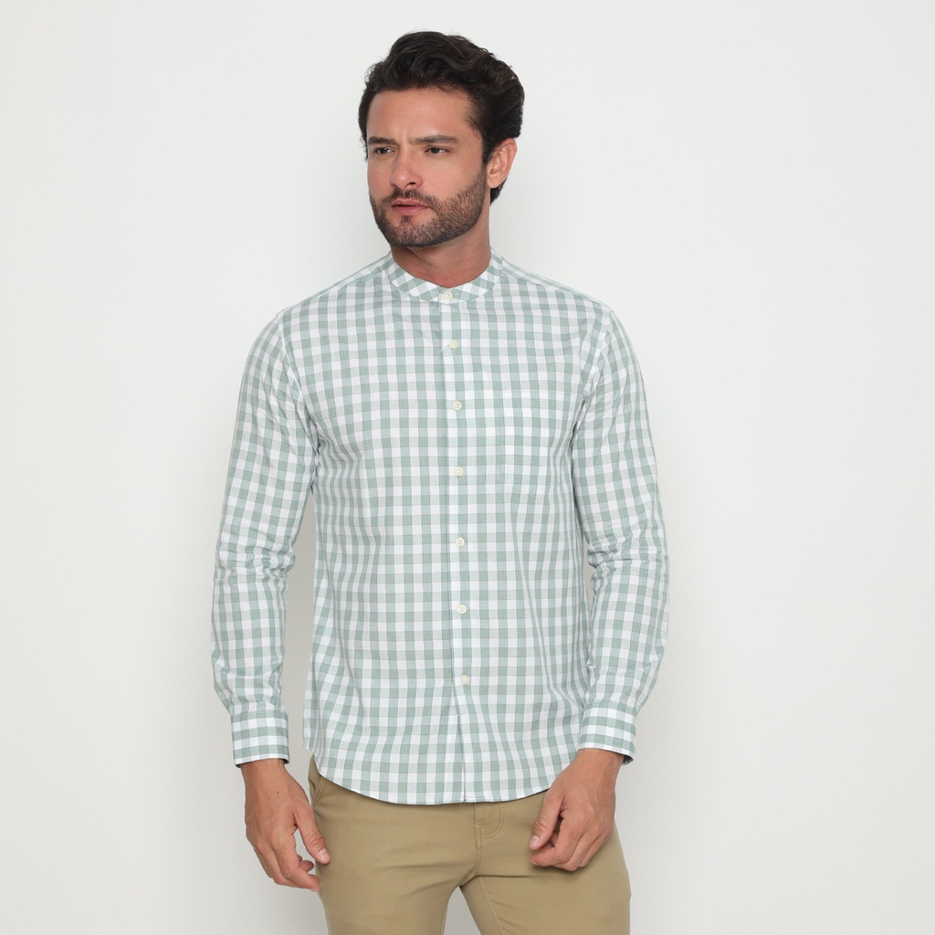 Platini Kemeja Shanghai Motif Kotak Katun Pria Lengan Panjang Hijau 961250