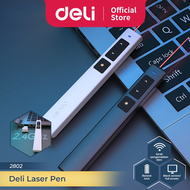 Deli Laser Pointer + Presenter Wireless USB Pen Laser Presentasi PPT Sinar Merah Jarak 30 M 2802