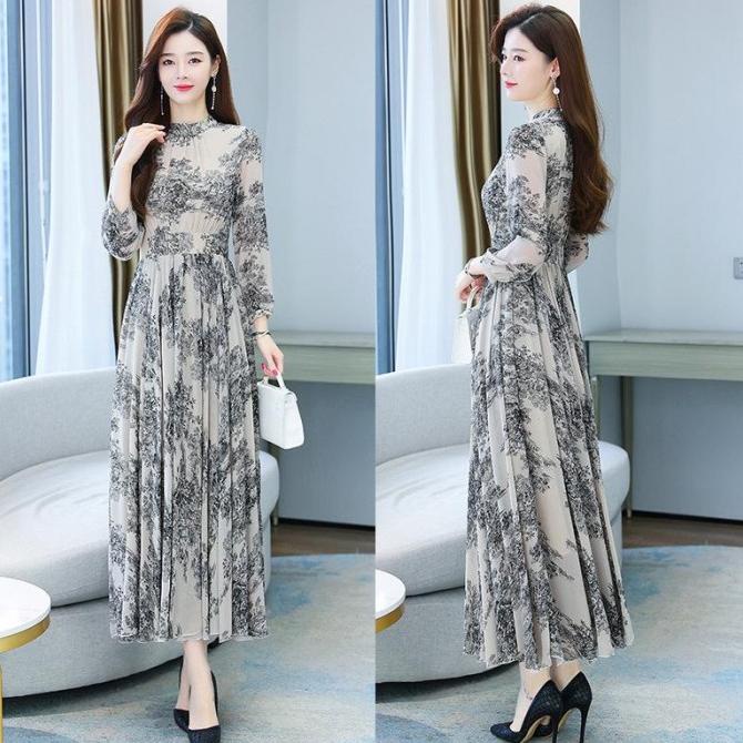 New Amalia Dress Maxi Wanita Sifon Motif Bunga Import Original