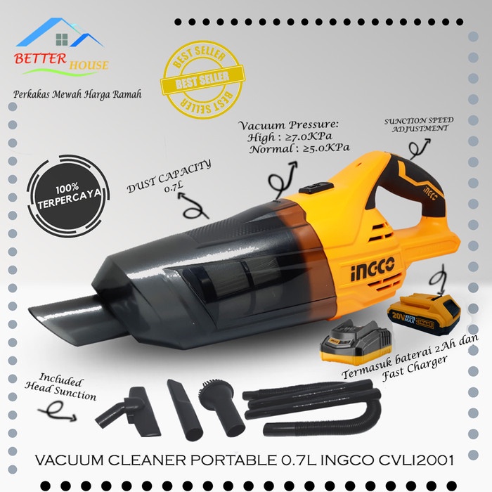 VACUUM CLEANER MINI CORDLESS 20V (0,7 LITER) INGCO CVLI2001 2AH BATERI ORIGINAL BEST QUALITY