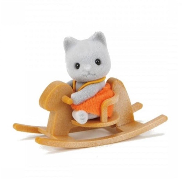 Mainan Figure Sylvanian Families Grey Cat Baby With Rocking Horse Ready
