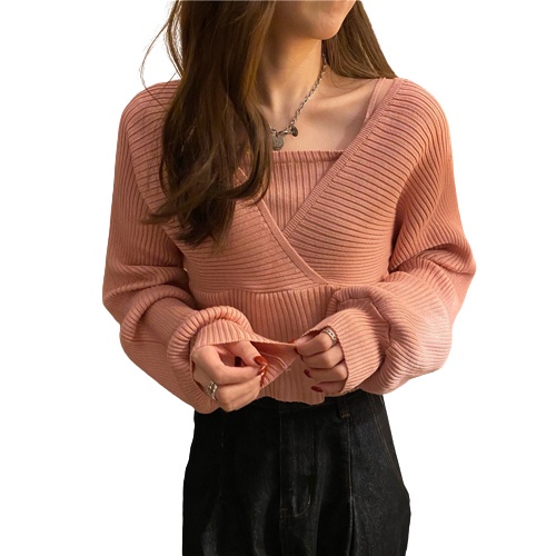 Atasan Rajut Lengan Panjang V-Ne Lengan Balon Sabrina Top