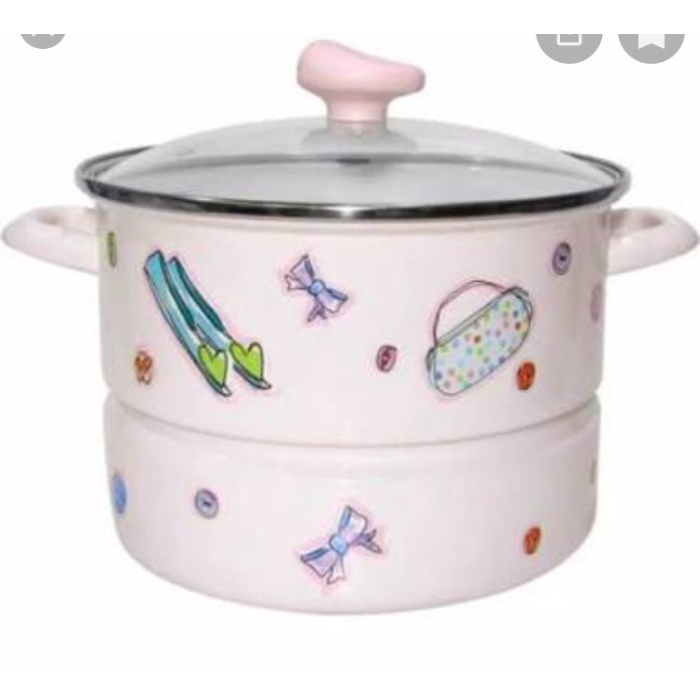 [Ori] Steamer Kukusan Panci Pancaguna Tutup Kaca Enamel Chefina Diskon