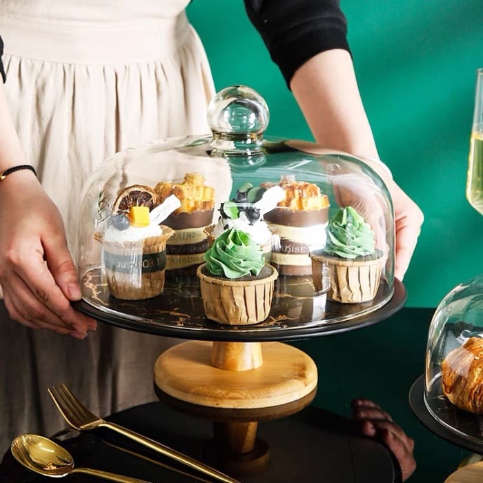 CLASSIC CAKE STAND WADAH TEMPAT KUE KAKI KAYU TUTUP KACA STANDING