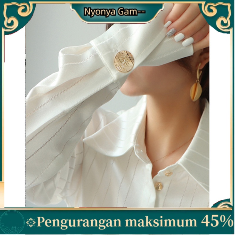 blus korea kemeja lengan panjang satin kemeja wanita high end chiffon top kemeja putih profesional