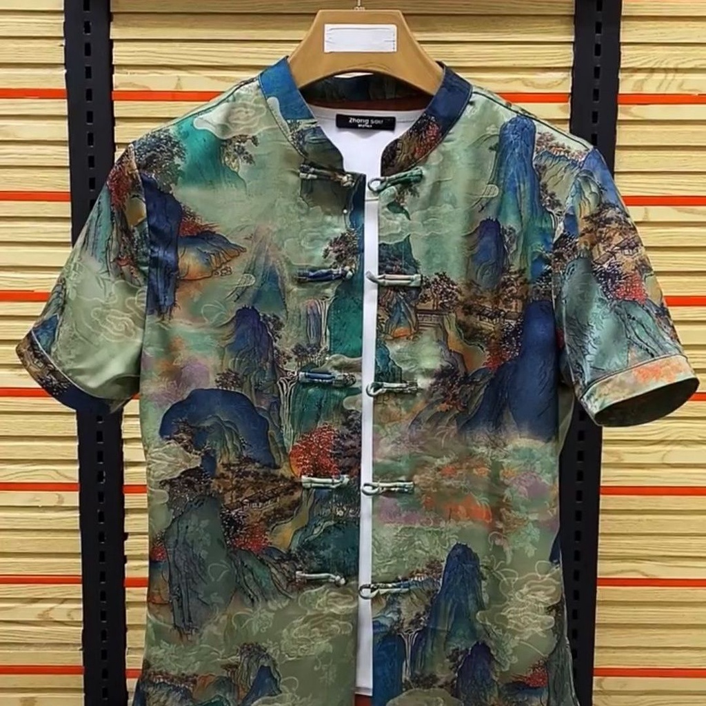 Setelan Atasan Lengan Pendek Pria, Baju Tang Kodok Cina Kelas Atas