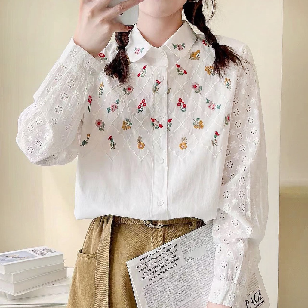 BLUS KEMEJA KATUN PUTIH & SOFT JEANS DADA BORDIR BUNGA KOREA IMPORT