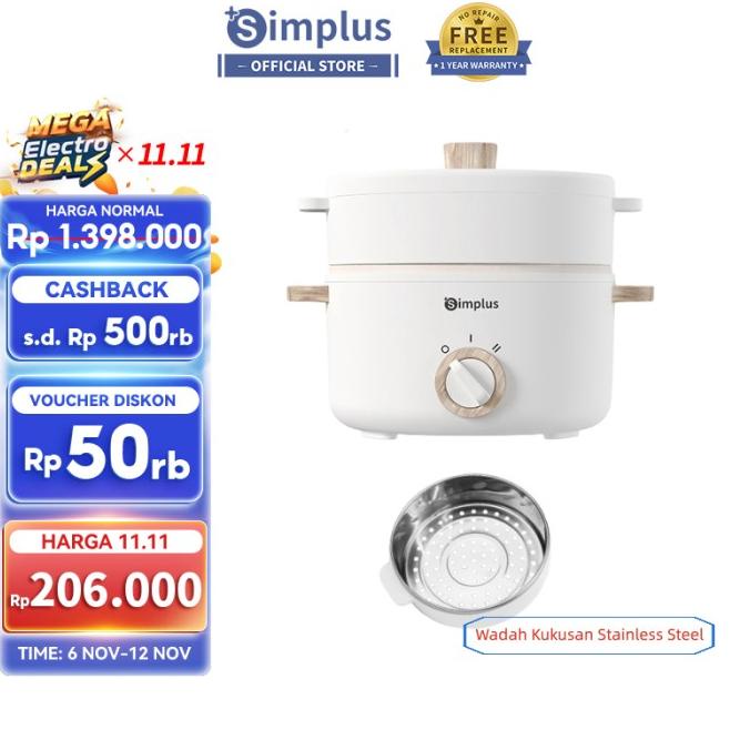 Simplus Panci Listrik Kukusan Serbaguna 600 Watt Low Watt 1.5L