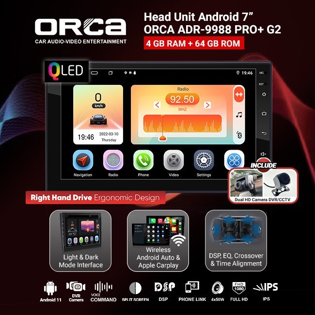 Head Unit Android 7 inch Orca PRO+G2 QLED Ram 4/64GB Dual Camera