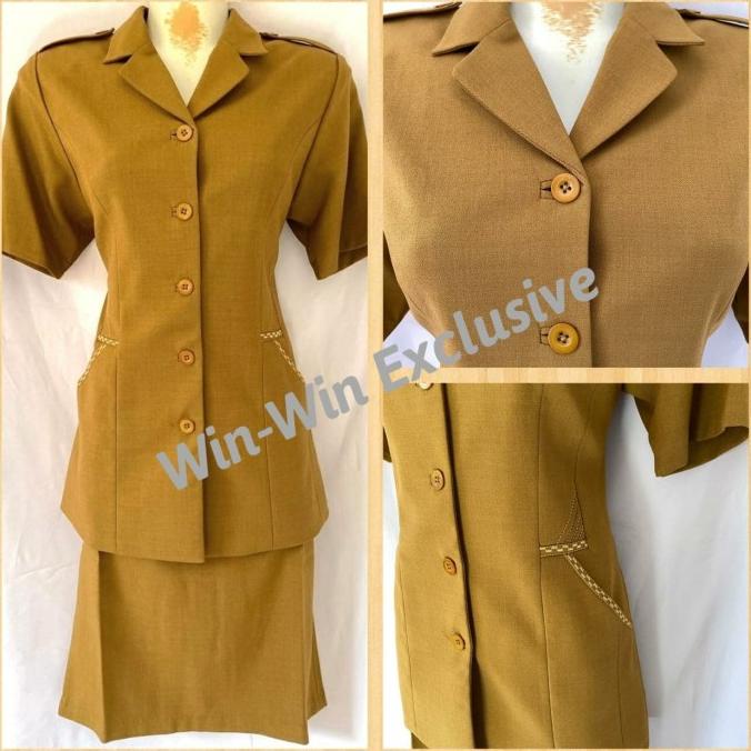 Setelan Blazer Kerja Kantor Wanita Pemda PNS Khaki Tua Lengan Pendek