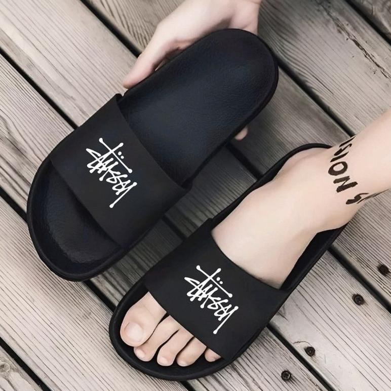 NEW SANDAL SPORT SLIP ON CASUAL SLIPPER POLOS HITAM MOTIF - SENDAL SLIDE FIPPER SPORTY PRIA WANITA -