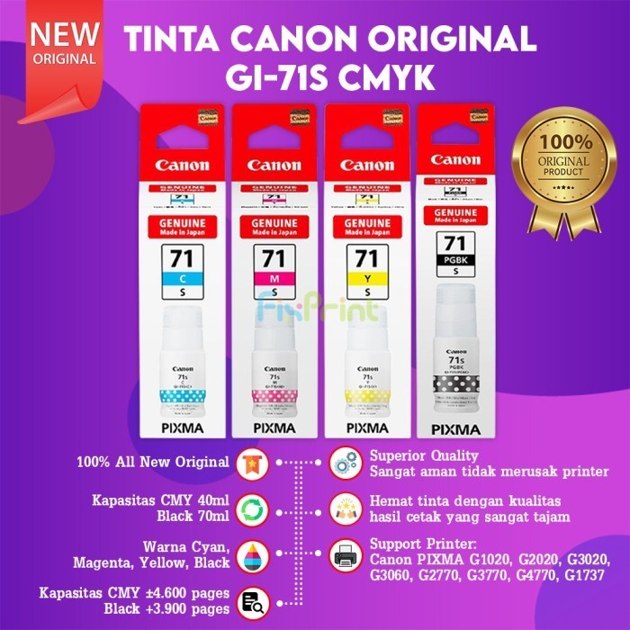 

TINTA ORIGINAL CANON GI71S GI 71 BLACK 70ML CYAN MAGENTA YELLOW 40ML