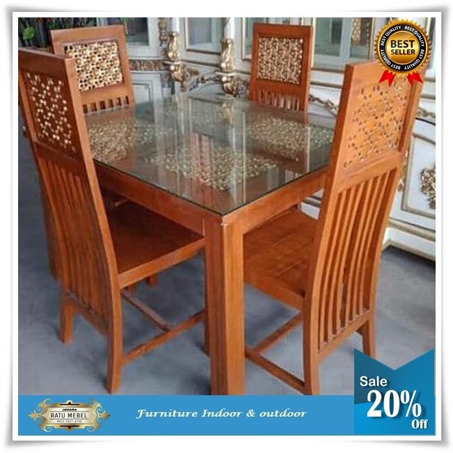 UJ 706 Kursi Makan Kayu Jati 4 kursi / Meja Makan 4 Kursi Minimalis + Kaca - Kursi 1 pcs