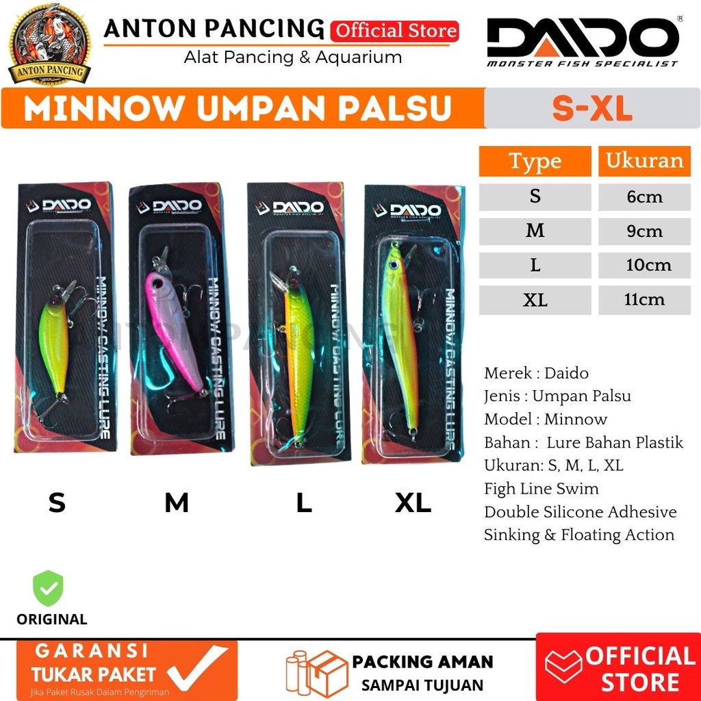 Umpan Palsu Pancing Minow Casting Lure Daido Size S M L XL 3 gr s/d 10 gr Cocok Untuk Mancing Liar D