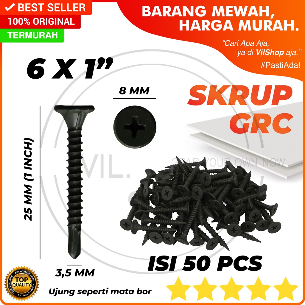 SEKRUP GRC 6x1" BUNGKUS ISI 50 PCS 1" / SKRUP GRC 1 INCH INCI 6 X 1 / SEKRUP DRILLING GRC HITAM 6 MM