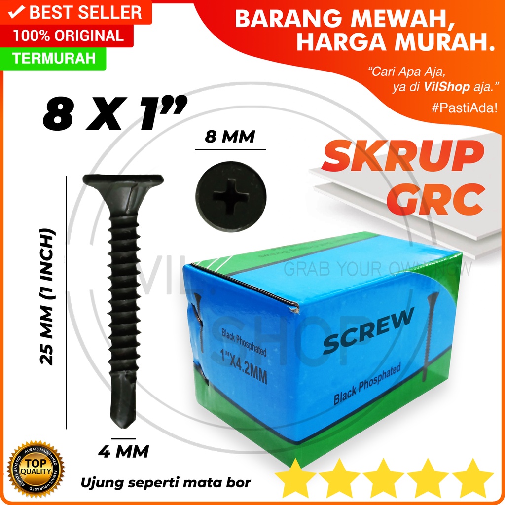 SEKRUP GRC 1" 1 KOTAK 8X1" / SKRUP GRC 1 INCH INCI 8 X 1 BOX / SEKRUP DRILLING GRC HITAM 8 MM BAUT D