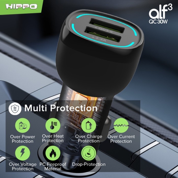 Asli Hippo Car Charger Alf 3 Quick Charging 30W Charger Mobil Fast Charging Terbaik