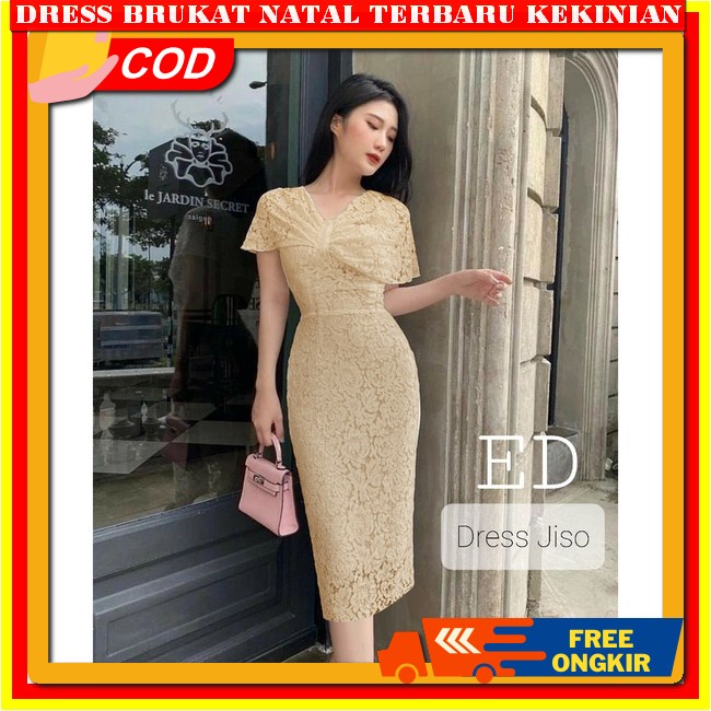 Dress Brokat Terbaru 2023 Dres Wanita Kristen Brukat Pesta Mewah Warna Peach Pink Kuning Dress Natal