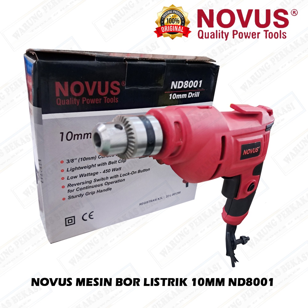 Novus Mesin Bor Tangan Electric Drill Listrik 10Mm Nd8001 Merah Bolak Balik