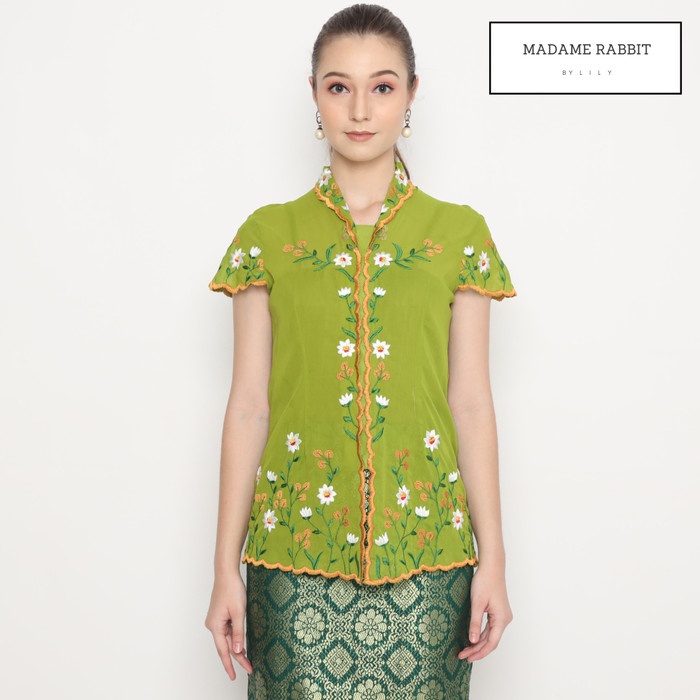 KEBAYA KATUN HALUS MADAME RABBIT BORDIR MANUAL HIJAU OLIVE JAHIT RAPI