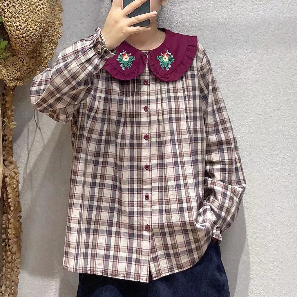 BLUS KATUN LINEN KOTAK KERAH BULAT MARUN UNGU BORDIR OVERSIZE IMPORT