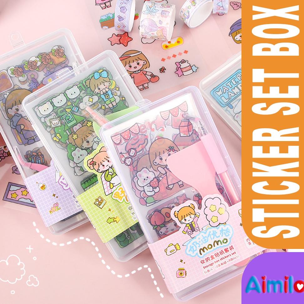 

Aimilo Sticker Set Storage Box Kit Paket Kotak Sticker isi 16 lembar Sticker Aesthetic Warna Pastel Lucu Kartun