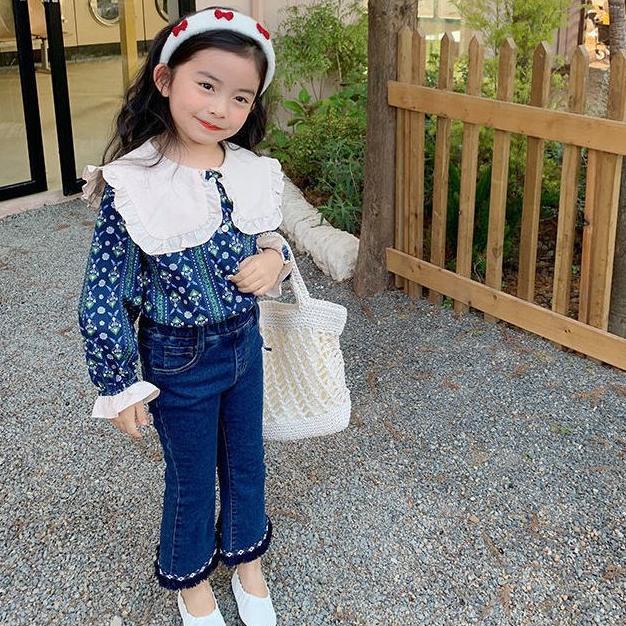 [Cocobaby Jakarta] Set Anak Cewek Atasan Kerah Lengan Panjang + Celana Cutbray Jeans Baru