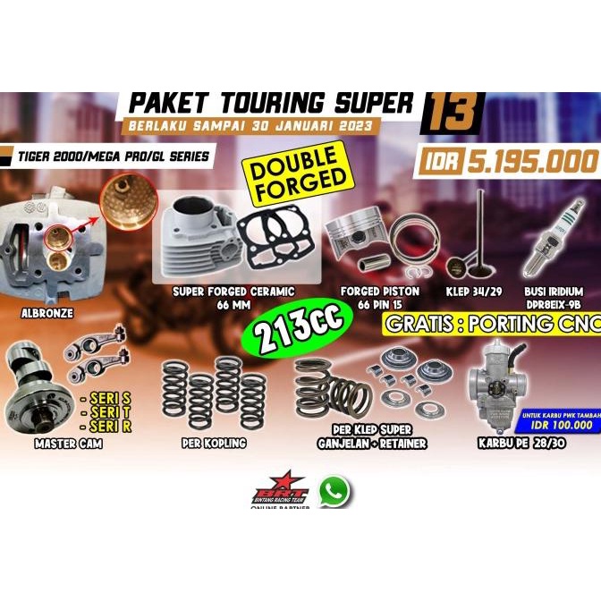 Paket Touring 13 Tiger BRT-Head Porting-Block-Piston-Cam-Karbu PE PWK
