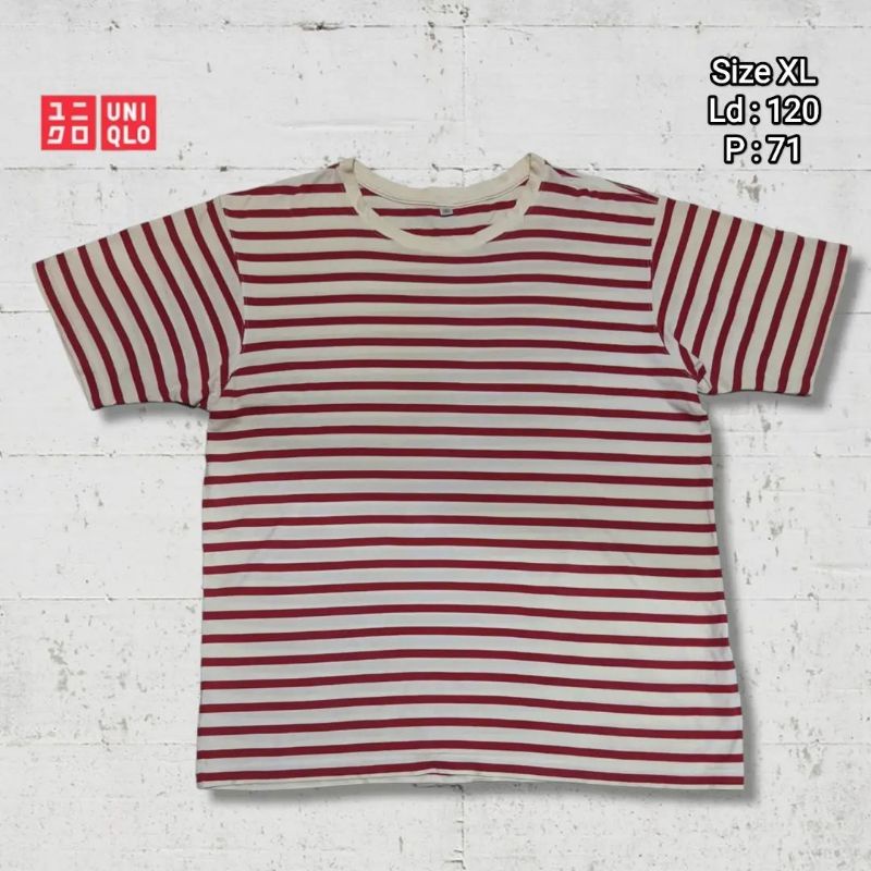 Kaos T-shirt Uniqlo Salur Stripe Merah Original Second Preloved