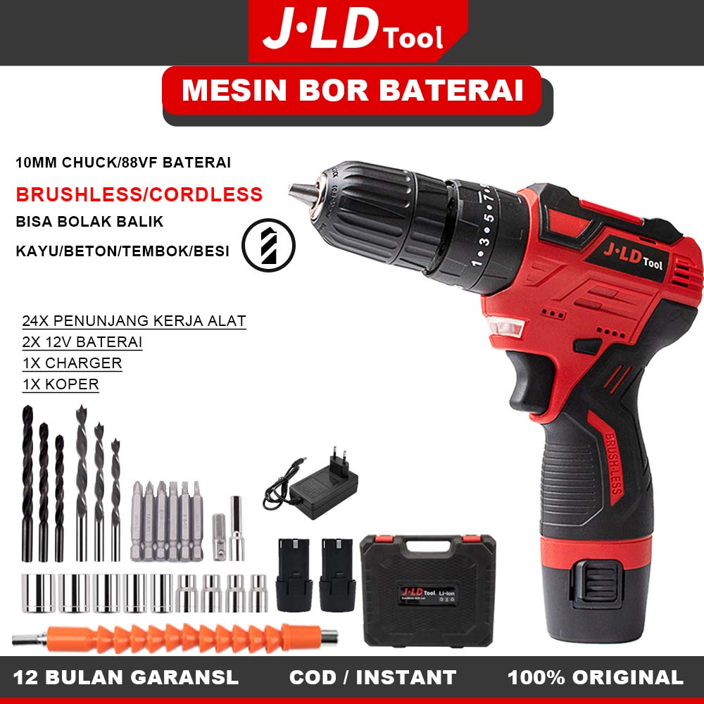 JLD 12V brushless mesin bor baterai cordless drill bisa cod  bor Baterai Li-ion 2x 1,5Ah, 28-50N.M, 