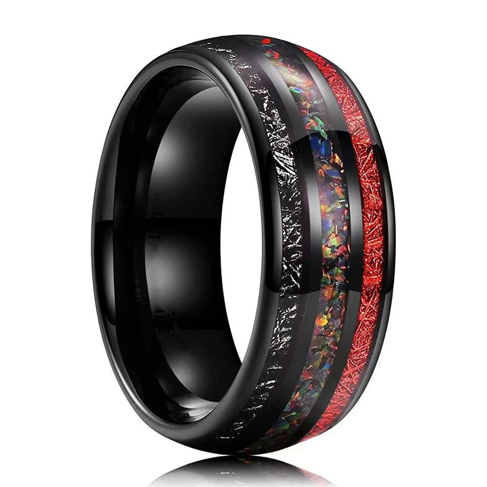 Cincin Meteor Hitam Pria, Cincin Batu Meteor Imitasi Merah Opal Warna-warni Bertatahkan, Cincin Pern