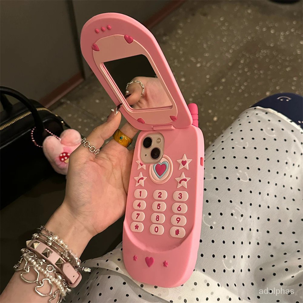 Korean Cute 3D Pink Cellphone Model Flip Mirror Silicone Phone Case For iPhone 15 14 13 12 Pro Max 1
